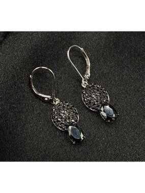 925 Sterling Silver Onyx Drop DK Signed Earrings